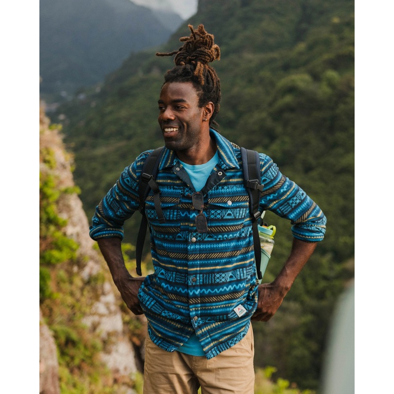 Maple Polar Recycled Fleece Shirt – Patchwork Stripe Tidal Blue