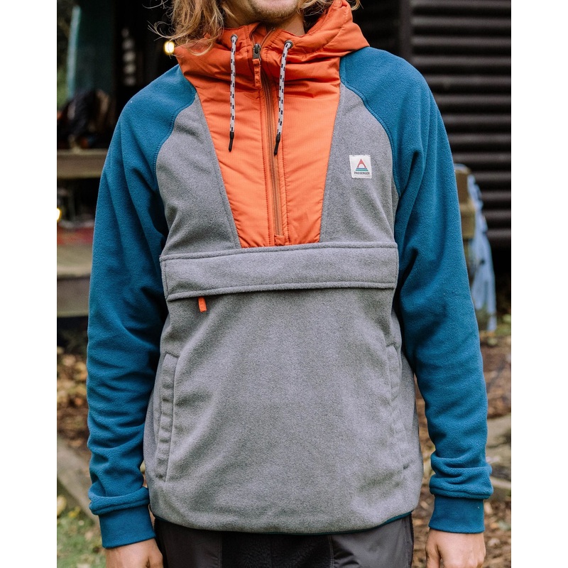 Woodland Hooded 1/2 Zip Recycled Polar Fleece – Grey Marl/ Tidal Blue