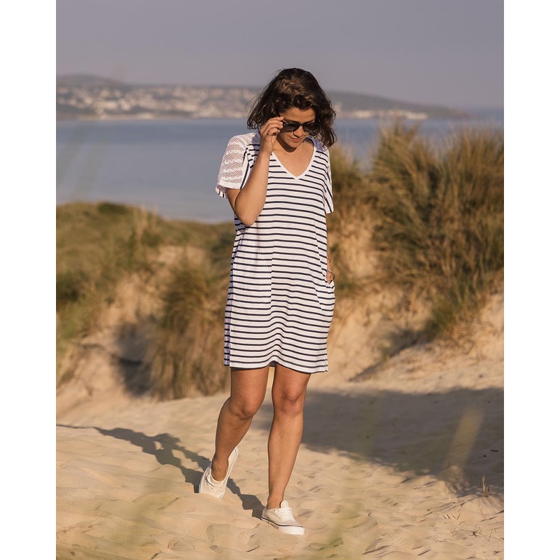 Olive Oversized Recycled Cotton T-Shirt Dress – Navy Stripe
