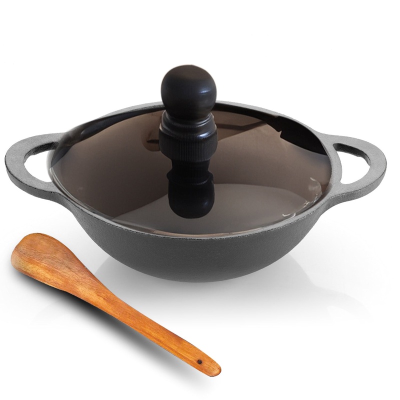Lifelong Cast Iron Kadai 24cm + glass lid With Wooden Spatula