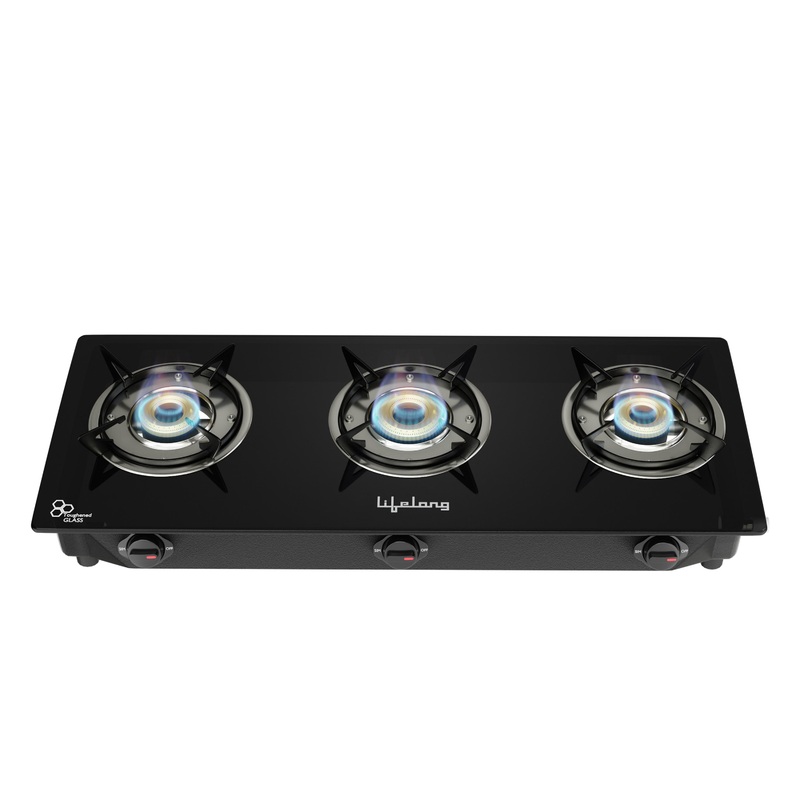 Lifelong LLGS930 3 Burner Glass Top Gas Stove – ISI Certified, LPG Only, High-Efficiency Burners