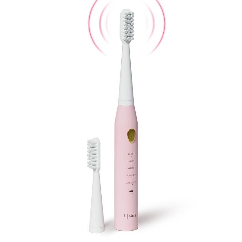 Lifelong Rechargeable Toothbrush – 5 Modes, Auto Shut-Off, 2 Heads & 500mAh Battery (Pink)
