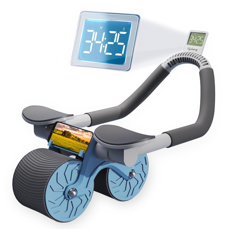 LLAR02 Automatic Rebound Abdominal Exercise Elbow Support Wheel with timer & Mobile Holder- with knee pad (Blue)