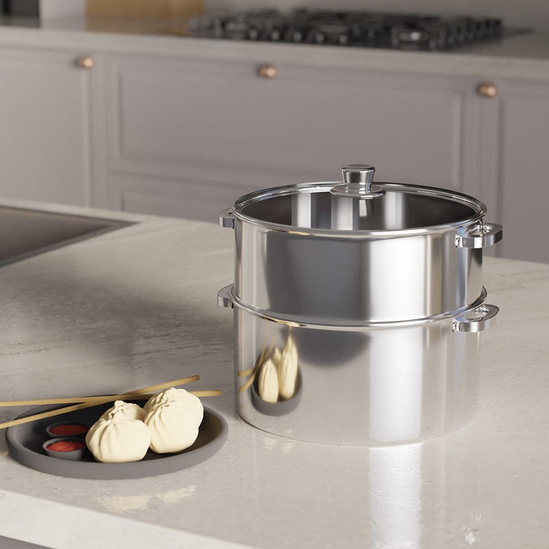 2-Tier Steamer/Momo/Modak Maker | Induction Compitable with Glass Lid & Riveted Handles | 20 cm Stainless Steel Multi-Purpose Cooking Steamer