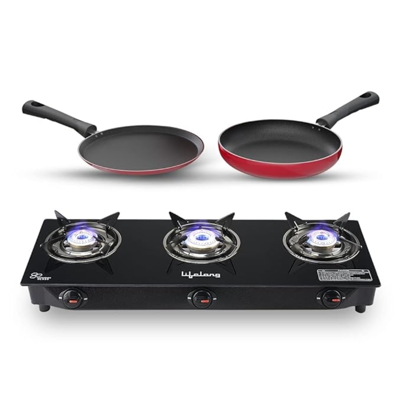 Lifelong 3 Burner Glass Top Gas Stove with Dosa Tawa & Fry Pan Combo  Manual Ignition, High Efficiency (Black)