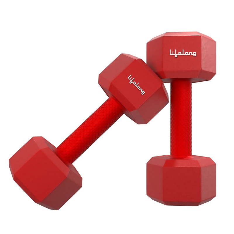 Lifelong PVC Hex Dumbbells Pack of 2  2kg Each (Total 4kg), Red Home Gym Weights for Men & Women