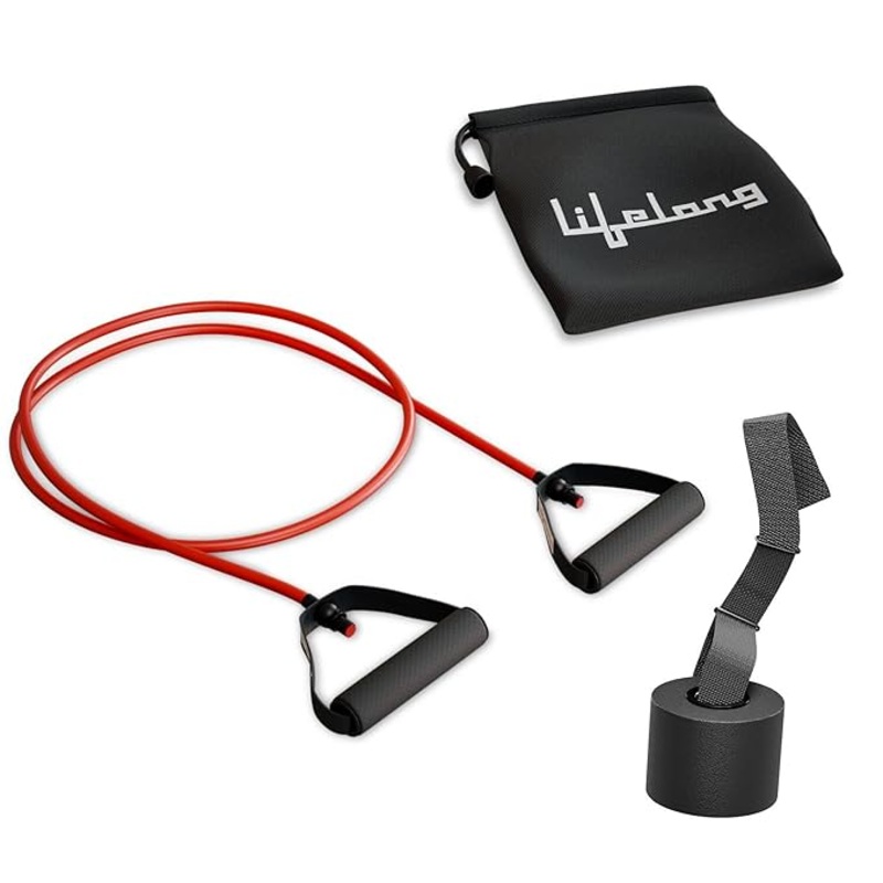 Lifelong Resistance Tube  10KG Light Resistance, Foam Grip Exercise Band with Door Anchor (Red)