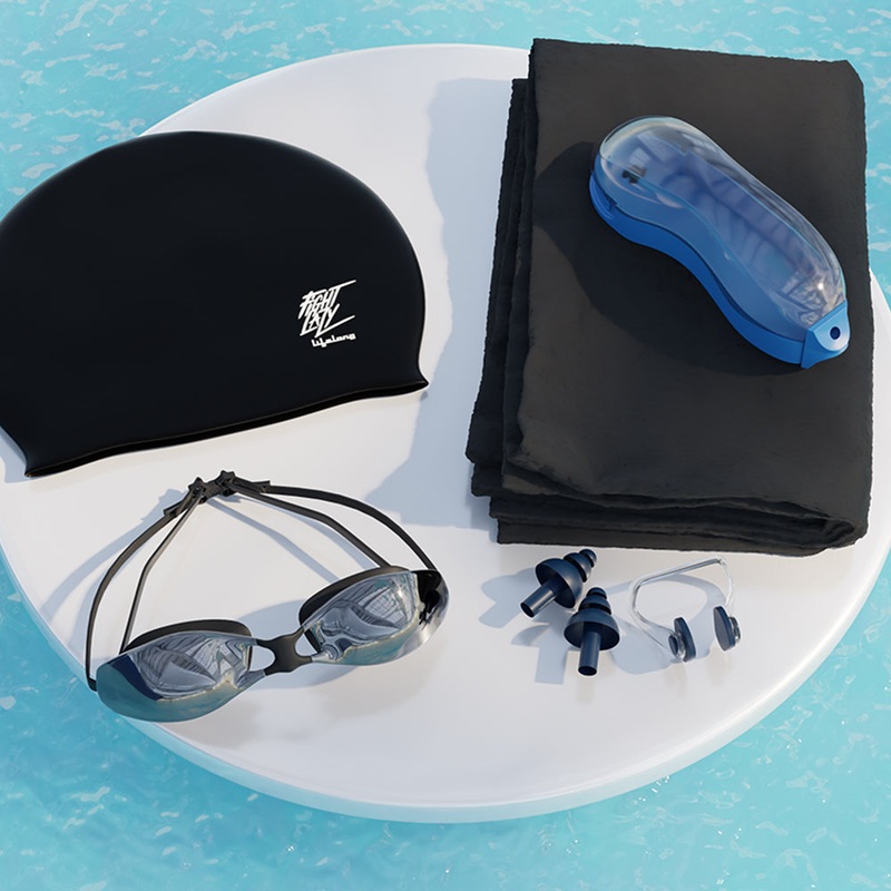 Anti Fog Swimming Goggles,Cap,Earplug & Noseplug, Microfibre Set(Black)