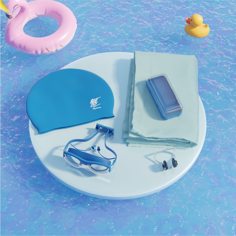 Anti Fog Swimming Goggles,Cap,Earplug & Noseplug, Microfibre Set(Blue)