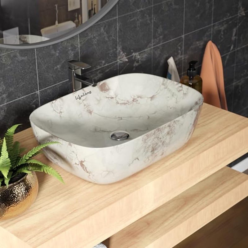 Ceramic Tabletop Wash Basin  Glossy Round Countertop Sink (White Brown)