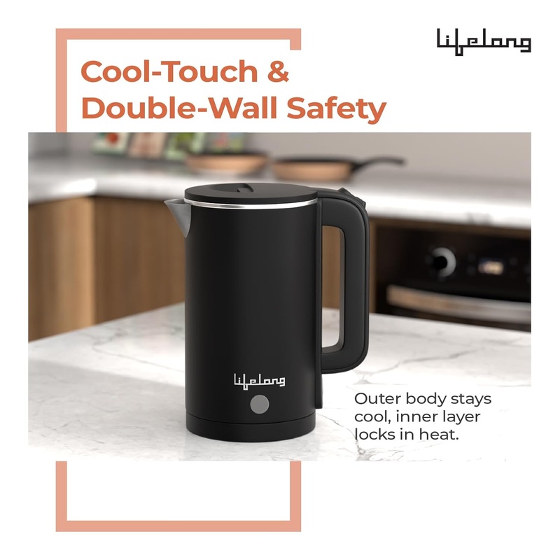 Lifelong 1.5L Electric Kettle  1500W Stainless Steel Double Wall Kettle with Cool Touch Body, Auto Shut-Off & Overheat Protection (Black
