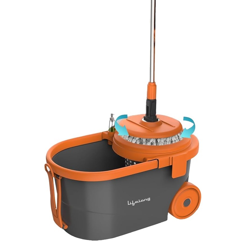 Lifelong 12L Spin Floor Mop Set with 360 Bucket & Microfiber Refills (Orange)