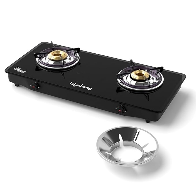 Lifelong 2 Burner Gas Stove with Free Gas Saver  ISI Certified Manual Ignition Glass Top Cooktop, LPG Compatible, Modern Kitchen Design (1 Year Warranty)