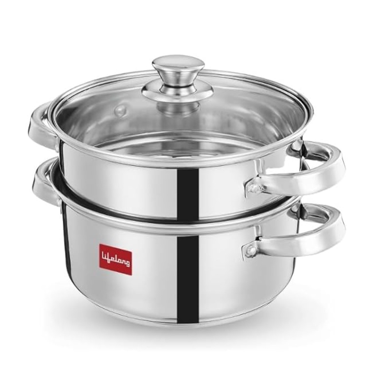 Lifelong 2-Tier Stainless Steel Steamer  20cm Momo & Modak Maker with Glass Lid, Riveted Handles, Sandwich Bottom, Induction & Gas Compatible