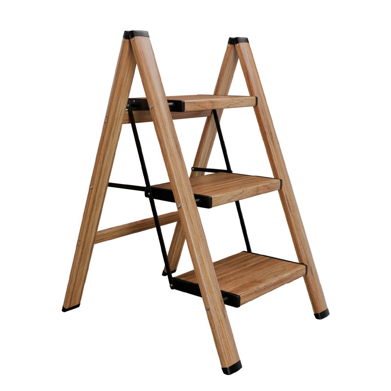 Lifelong 3 Step Foldable Ladder for Home  Wooden Finish, 150kg Load, Portable & Sturdy