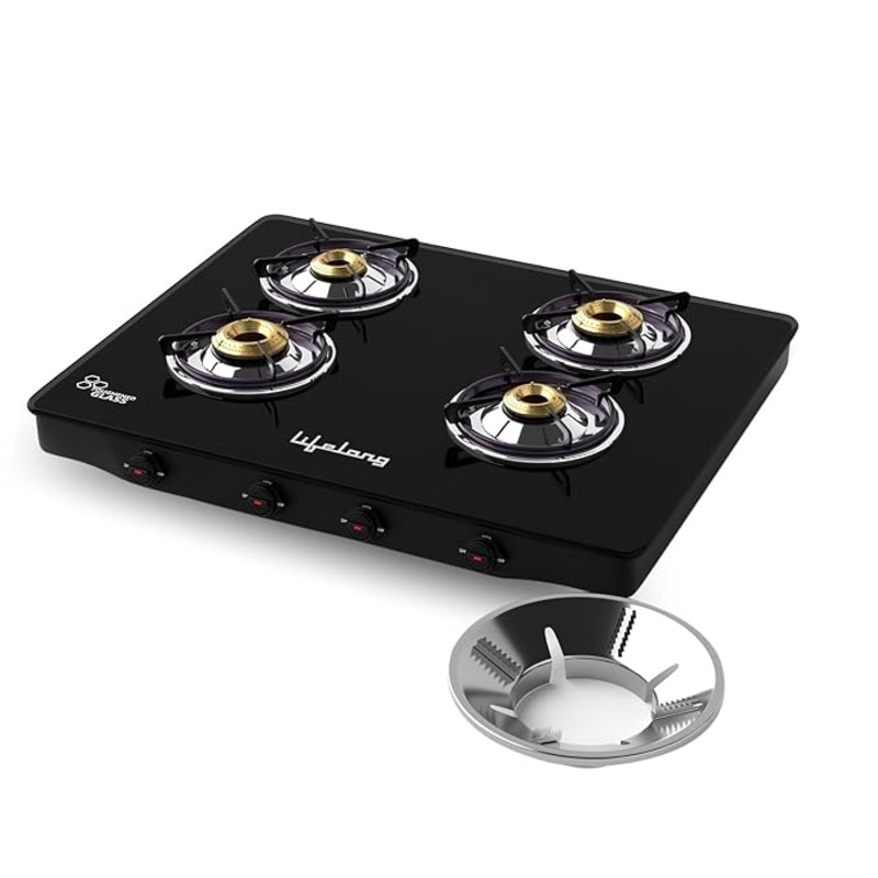 Lifelong 4 Burner Gas Stove with Free Gas Saver  ISI Certified Manual Ignition Glass Top Cooktop, LPG Compatible, Modern Design for Modular Kitchen