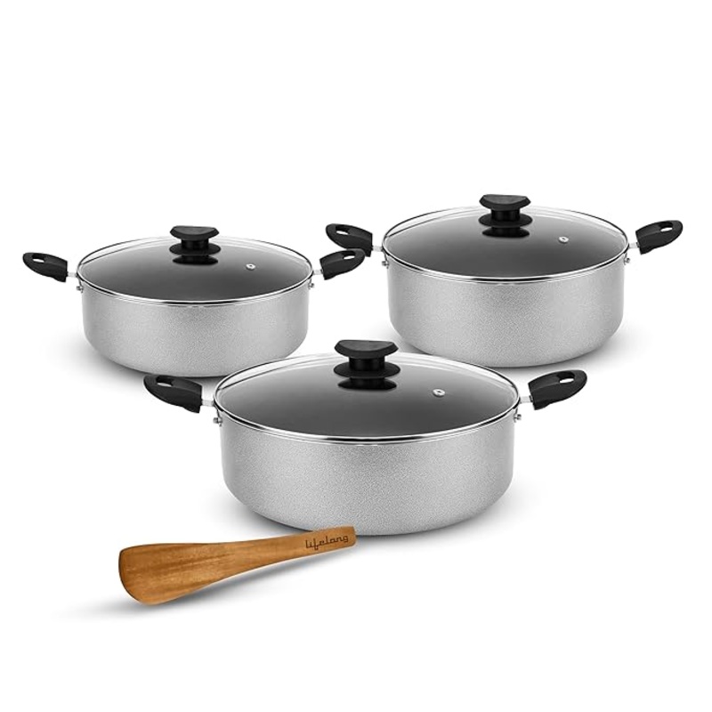Lifelong Biryani Pot Set of 3 with Glass Lids  Non-Stick, Non-Toxic Induction Base Casserole Cookware