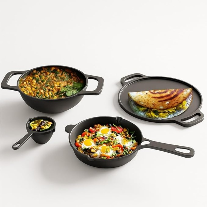 Lifelong Cast Iron Cookware Combo Set  4-Piece Pre-Seasoned Tawa (30cm), Kadhai (24cm), Fry Pan (20cm) & Tadka Pan, Naturally Non-Stick, Gas & Induction Compatible (Black)