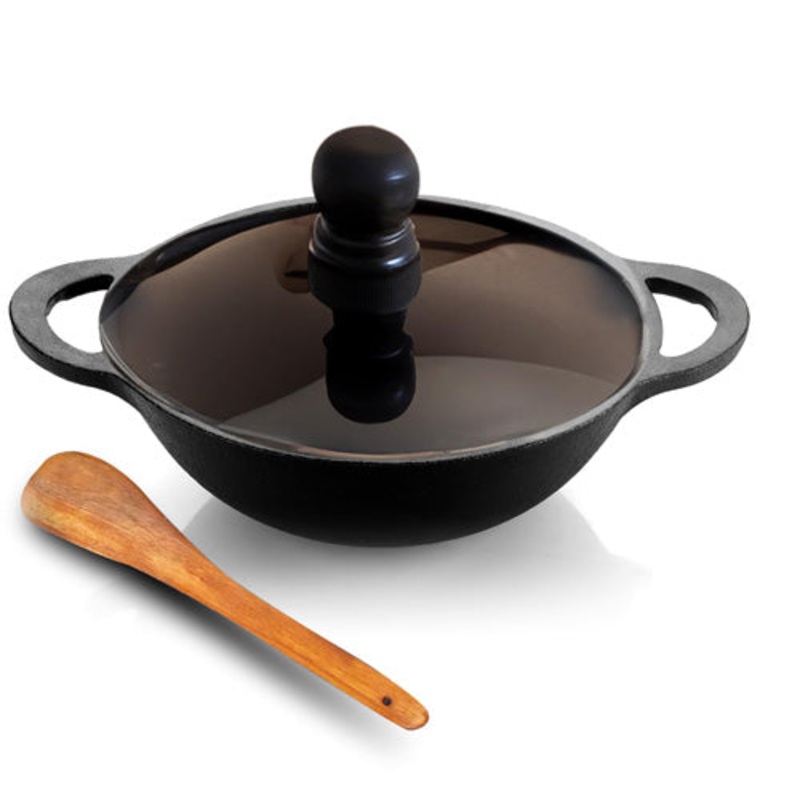 Lifelong Cast Iron Kadhai 20cm with Glass Lid & Spatula | Pre-Seasoned, Durable