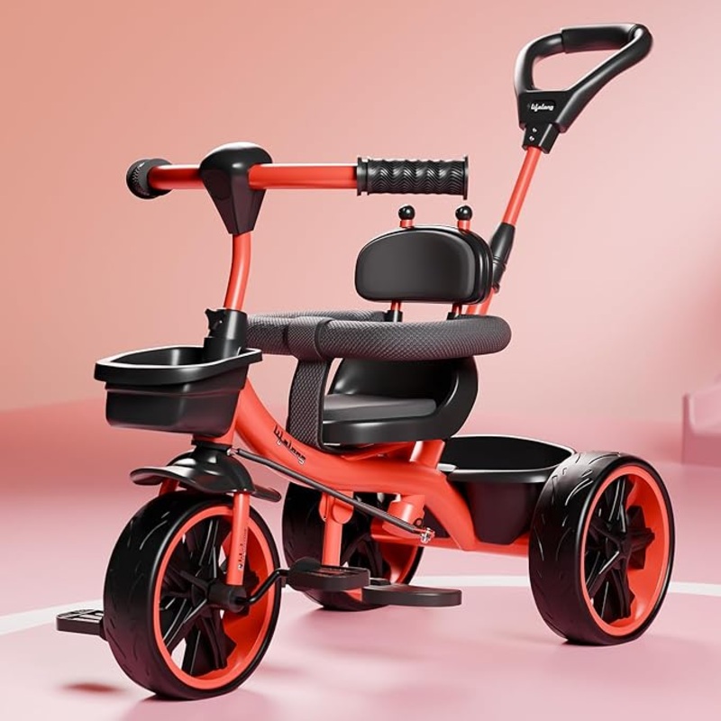 Lifelong Kids Harness Tricycle with Parental Control, EVA Wheels, Bell & Storage Basket  Baby Trike for 14 Years (25kg Capacity, Red/Black)