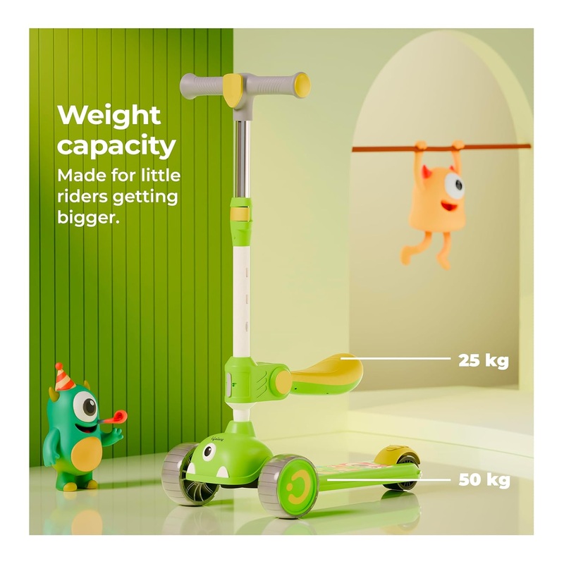 Lifelong Kids Scooter with Foldable Seat  LED PU Wheels, 4-Level Adjustable Height, BIS Certified, 50kg Capacity (Green & Yellow)