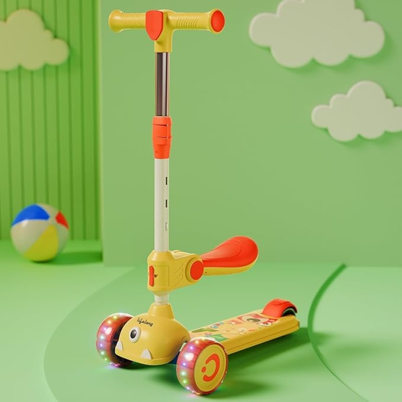 Lifelong Kids Scooter with Foldable Seat  LED PU Wheels, 4-Level Adjustable Height, BIS Certified, 50kg Capacity (Yellow & Orange)