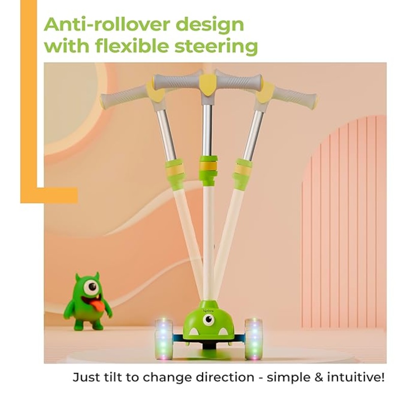 Lifelong Kids Scooter with LED PU Wheels  4-Level Adjustable Height, Tilt-to-Turn Steering, BIS Certified, 50kg Capacity (Green & Yellow)