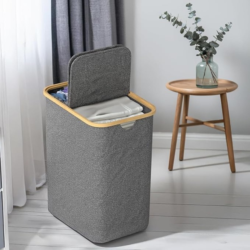 Lifelong Laundry Basket with Lid  2 Compartment Foldable Cloth & Toy Storage Bag, Space-Saving Design with Bamboo Frame