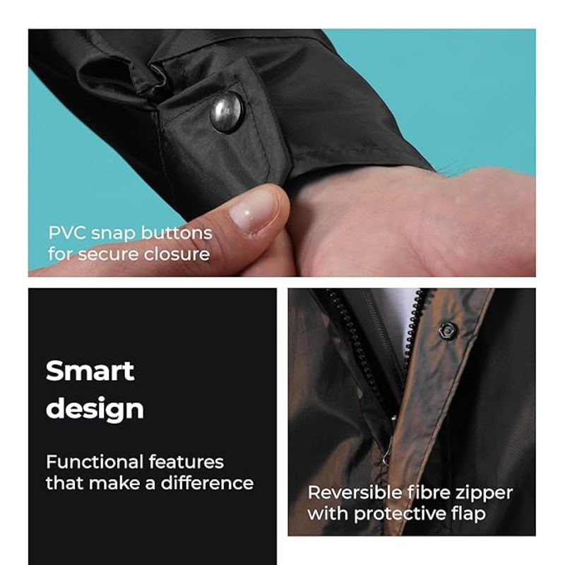Lifelong Mens Waterproof Polyester Raincoat Set  Double-Layered, Reversible Rain Suit with Hood & Inner Mobile Pocket (Black, Size L)