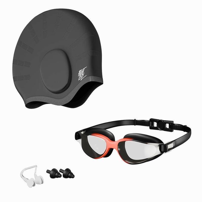 Lifelong Silicone Swimming Kit  Goggles, Cap, Earplugs & Nose Clip | Anti-Fog & Waterproof (Black)