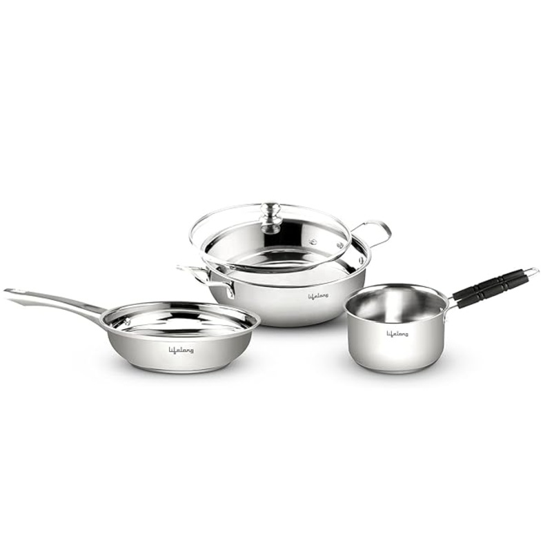 Lifelong Stainless Steel Cookware Set  Kadai, Fry Pan (22cm) with Glass Lid & Saucepan (14cm), Sandwich Bottom, Induction & Gas Compatible