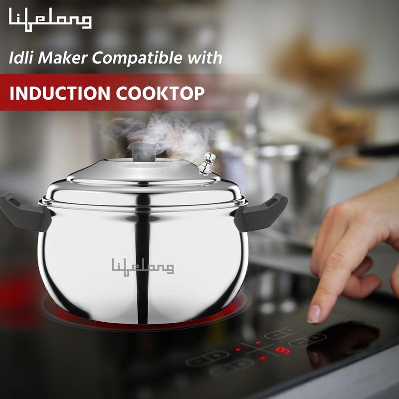 Lifelong Stainless Steel Idli Cooker  3 Plate Idli Maker (Makes 12 Idlis), Induction & Gas Stove Compatible