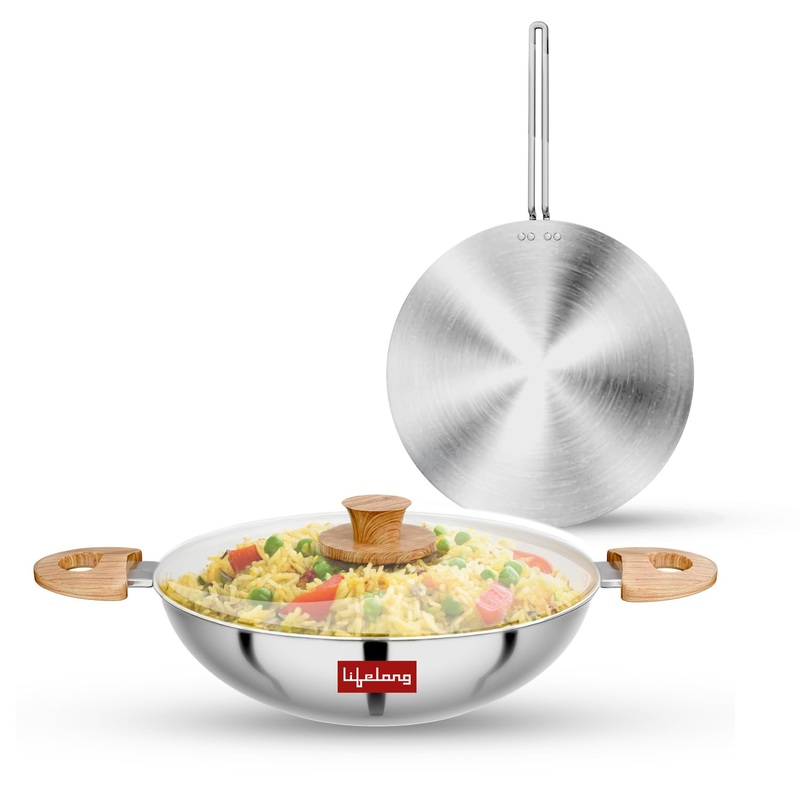 Lifelong TriPly Combo Kadhai with Lid and Roti Tawa for Cooking, Cookware Set Kadai