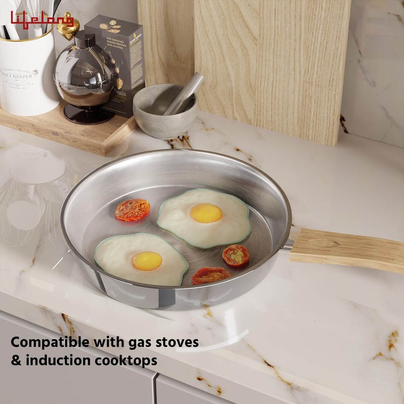 Lifelong Triply Fry Pan with Glass Lid for Cooking | Stainless Steel 20 cm | 1 Litre