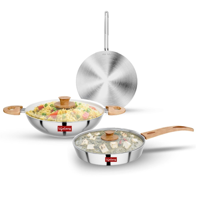 riPly Combo Kadhai, Fry Pan with Lid and Roti Tawa for Cooking, Cookware Set Kadai – 22 cm, Fry Pan – 22 cm & Tawa, Induction Bottom and Gas Stove Cookware