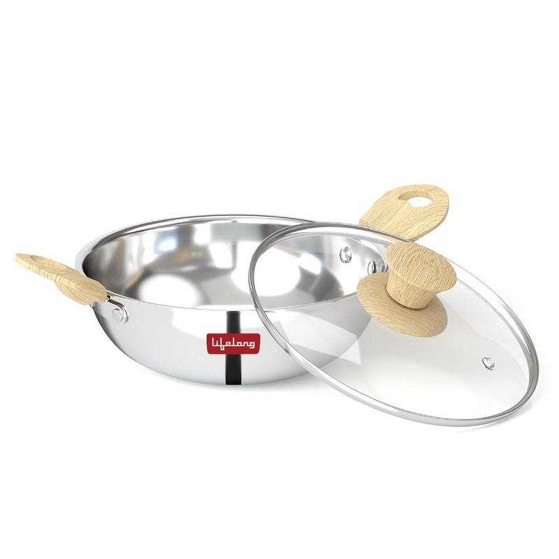 Triply Kadai for Cooking – Stainless Steel 24 cm Kadai with Glass Lid – 2.5 Litre Kadhai with Lid