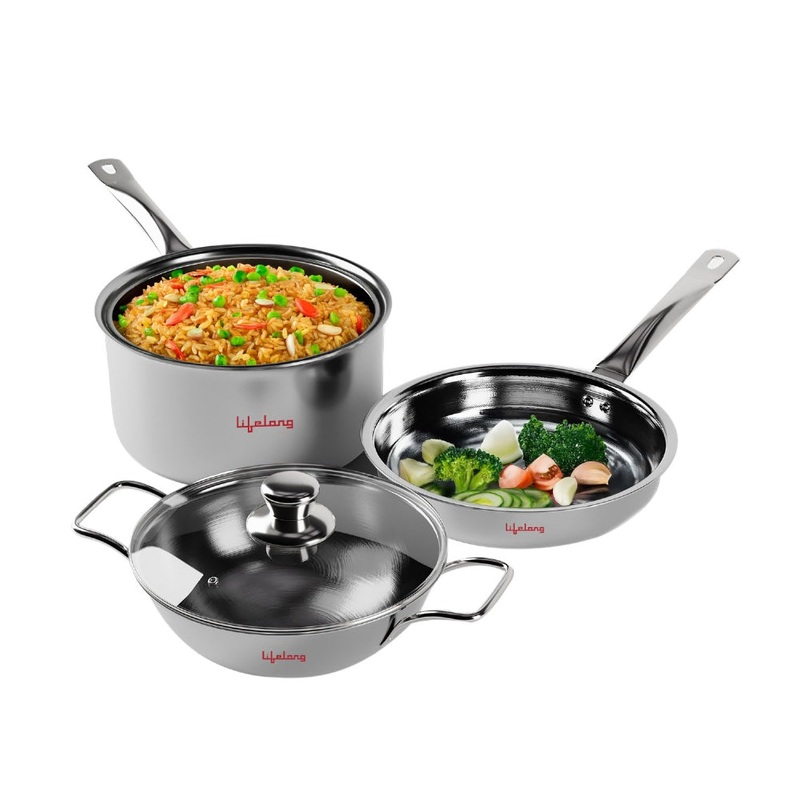 Triply Kadai, Frypan & Saucepan for Cooking | Stainless Steel 22 cm Kadai & Fry Pan with Glass Lid | 14 cm Sauce Pan