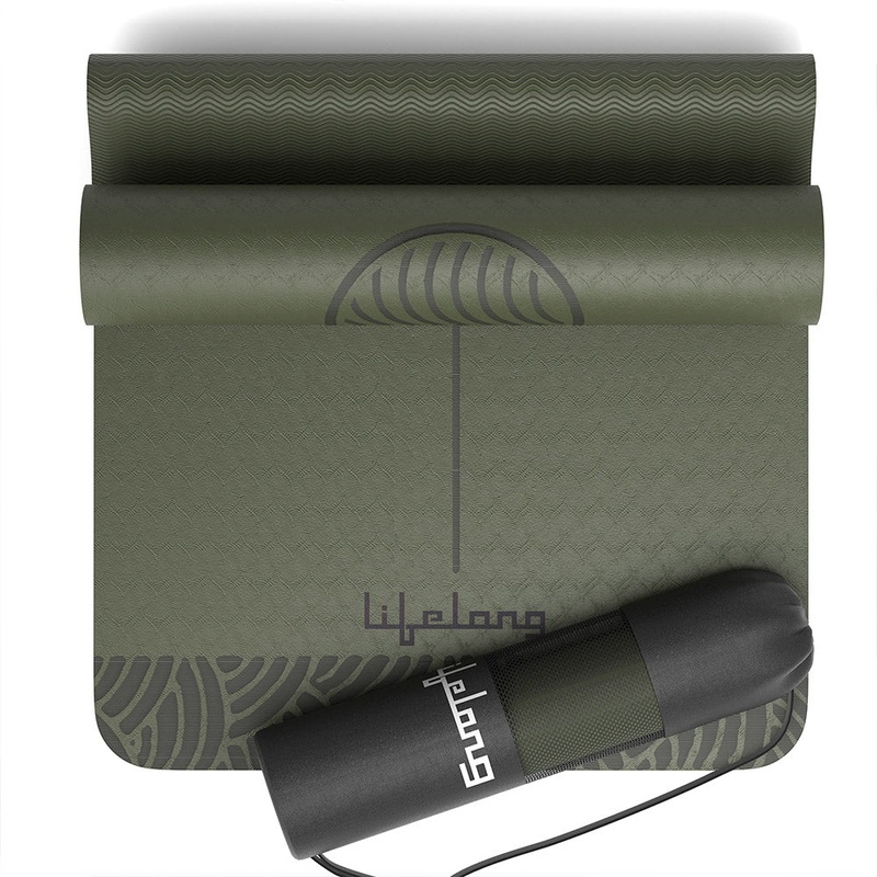 Yoga Mat with Carry Bag  5mm Thick TPE, Non-Toxic & Sweat-Resistant (Olive Green)