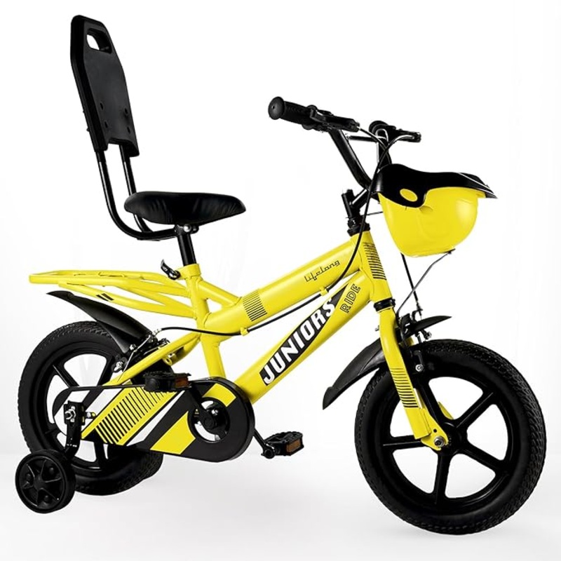 14T Kids Cycle with Balance Wheels  Bike for Boys & Girls 25 Years (Juniors Ride, Yellow)