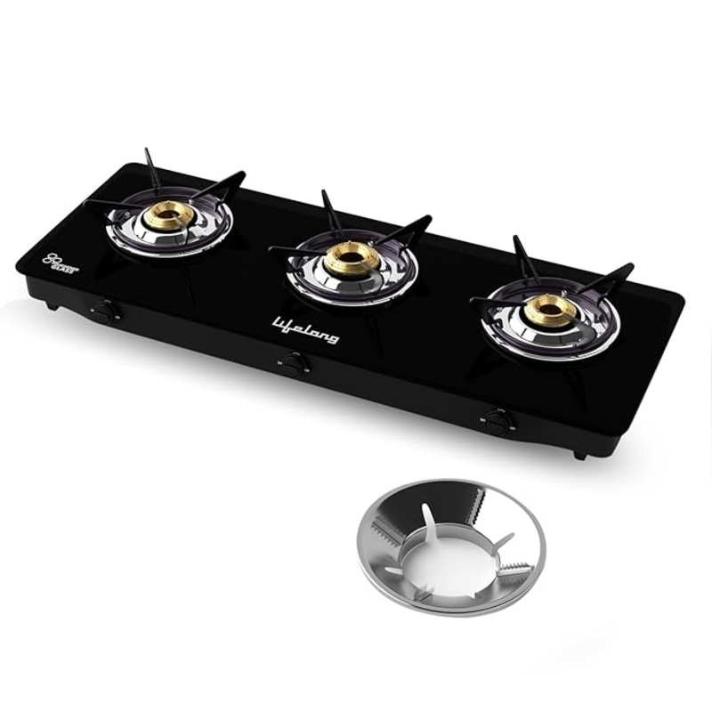3 Burner Glass Gas Stove with Free Gas Saver  ISI Certified, LPG Compatible