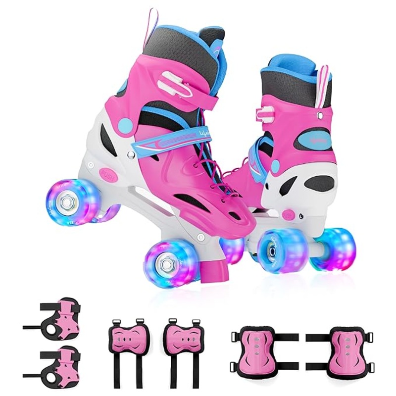 Kids Adjustable Inline Skating Shoes with LED Lights  Pink, Size 3841 (L)