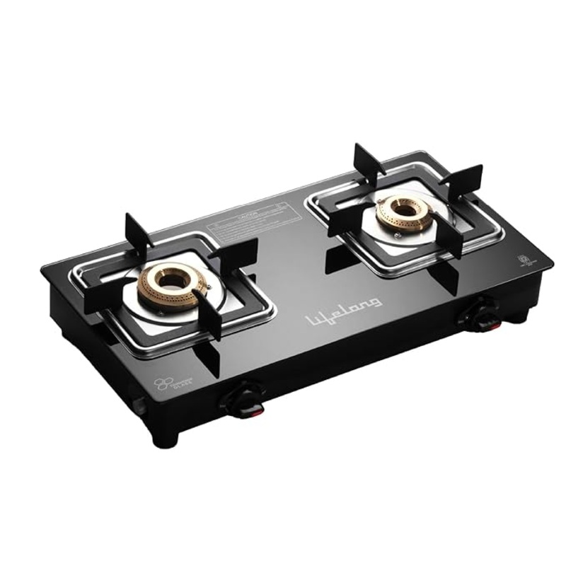 Lifelong 2 Burner Glass Gas Stove  Square Pan Support, ISI Certified, Black