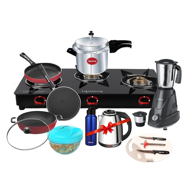 Lifelong Kitchen Combo Set  3 Burner Stove, Cookware, Mixer, Kettle & More