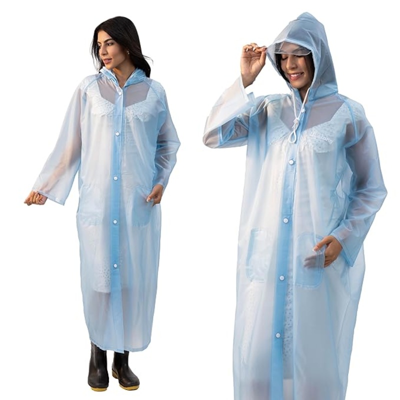 Lifelong Womens Raincoat  100% Waterproof One-Piece with Hood, Side Pocket & Snap Buttons, Lightweight & Portable Travel Rainwear (Sky Blue, M)