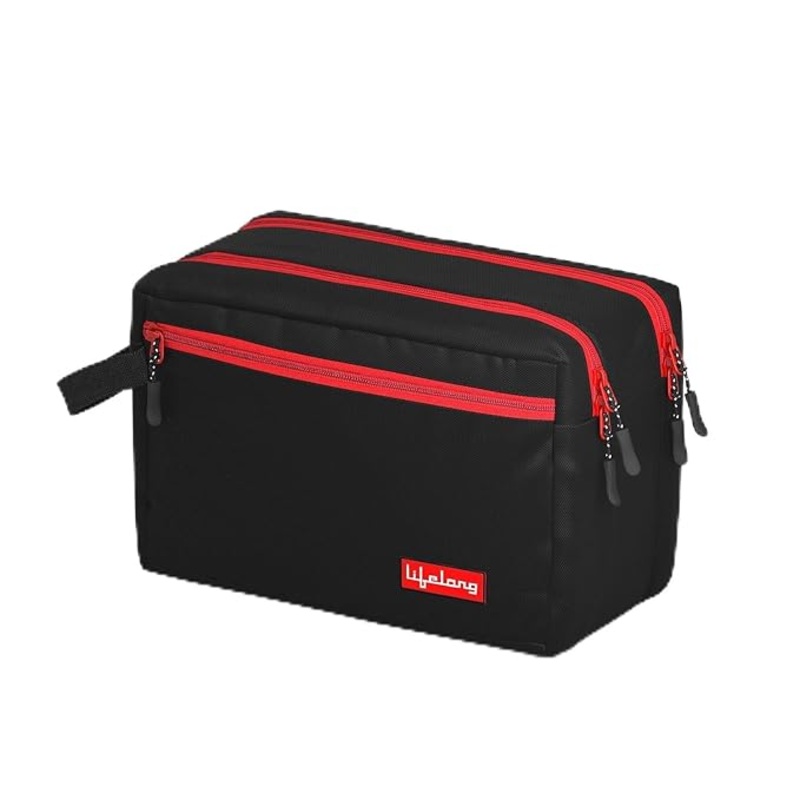 Polyester Toiletry Bag  Travel Essentials Organizer for Men & Women (Red/Black, 24cm)