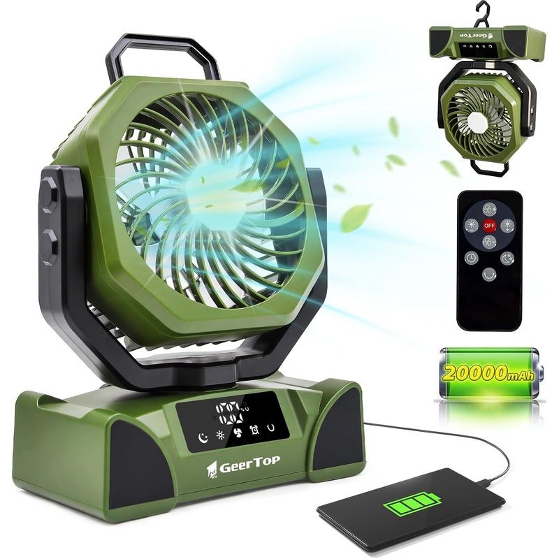 GEERTOP Rechargeable 5 Speeds LED Camping Fan – Green