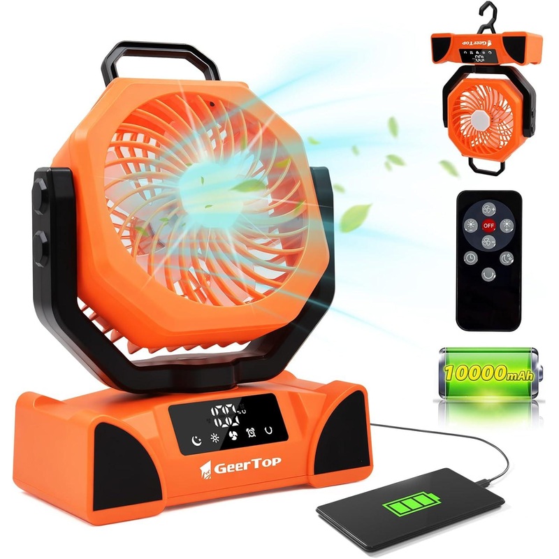 GEERTOP Rechargeable 5 Speeds LED Camping Fan – Orange