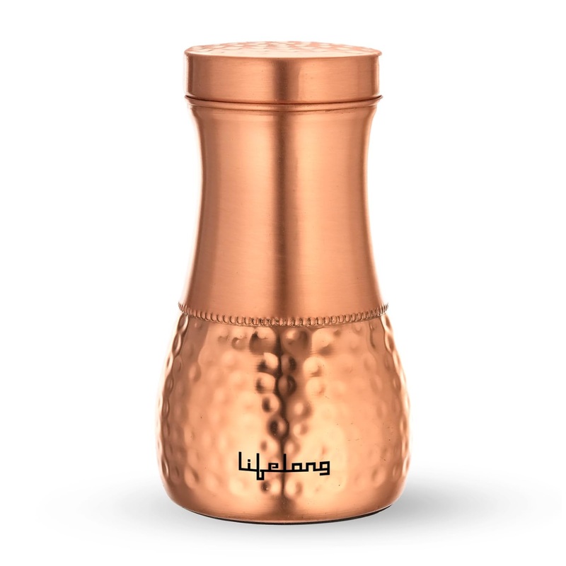 Lifelong Premium  Pure Copper -Plain Bed Side Jar Pot Elegant and Stylish Water Bottle 1L