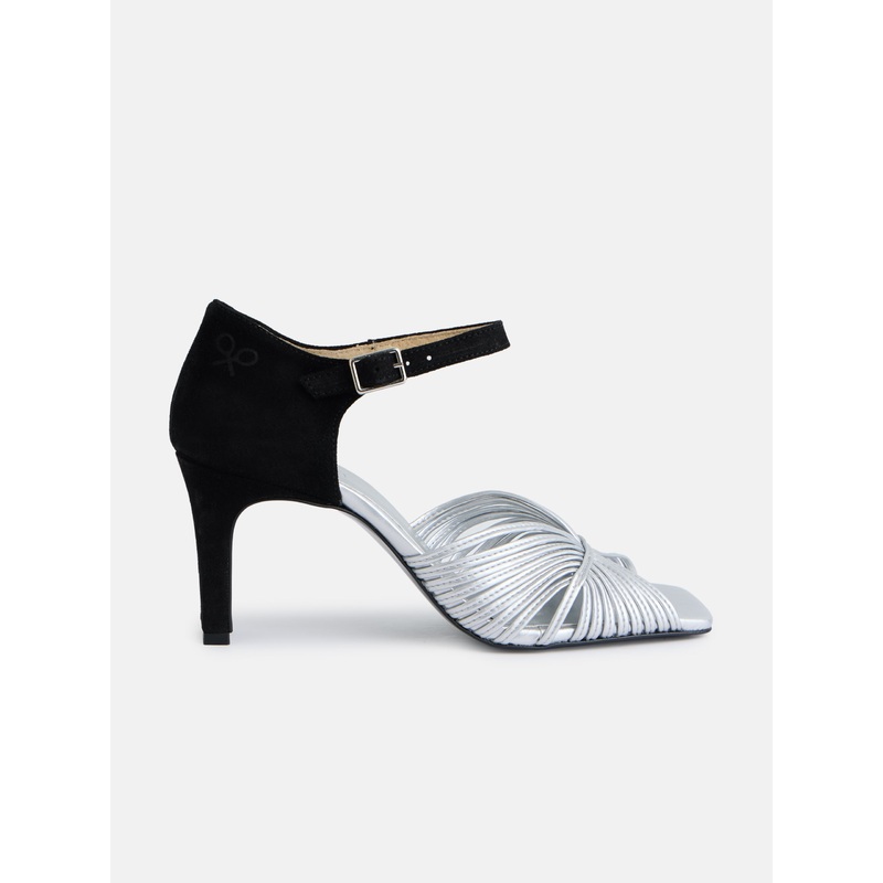 Sandalia tacon piel combinada negro y plata