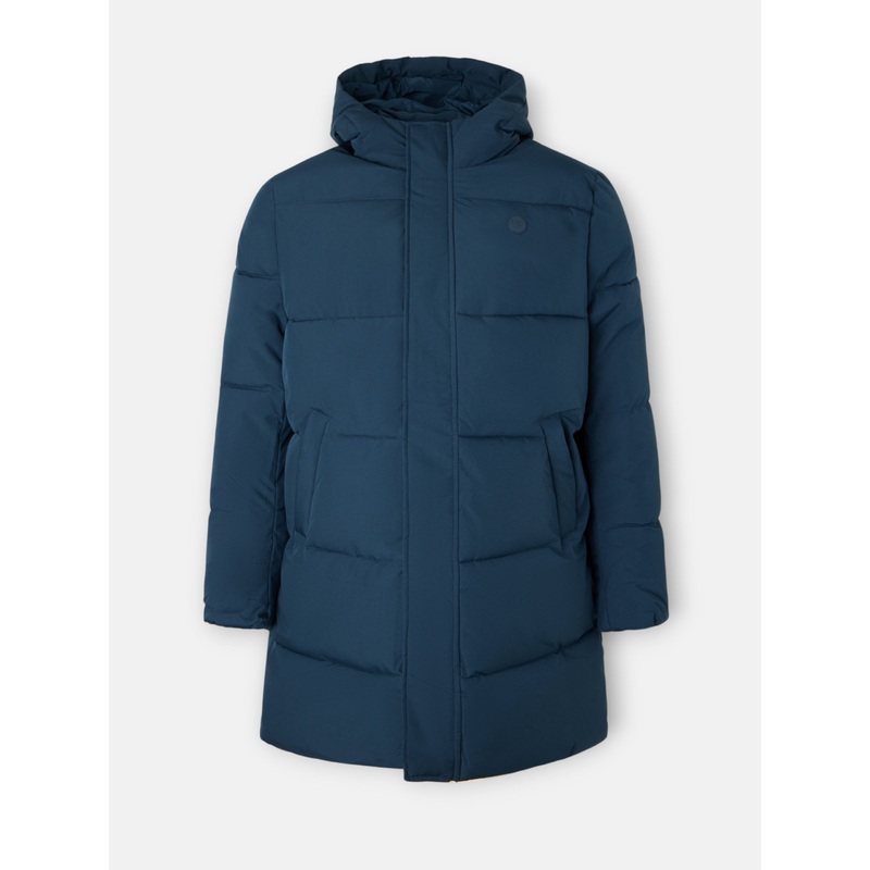 Abrigo largo acolchado capucha azul marino